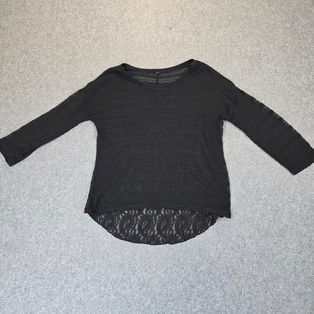 Womens Knit Top Black Paisley Lace Boat Neck High Low Hem Streetwear Casual